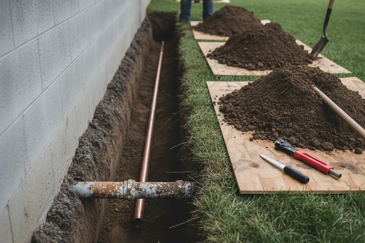 Excavated water line trench during Water Heater Repair in Arnold